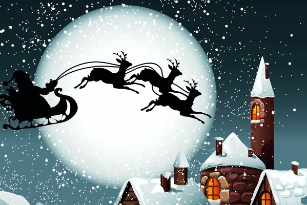 Santa Claus is rushing to the roof on a sleigh