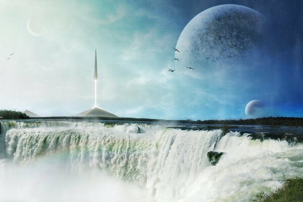 Art wallpaper. Waterfall on the background of a rocket flying to other planets