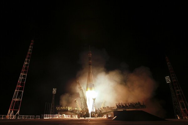 Installation and launch of the rocket at night