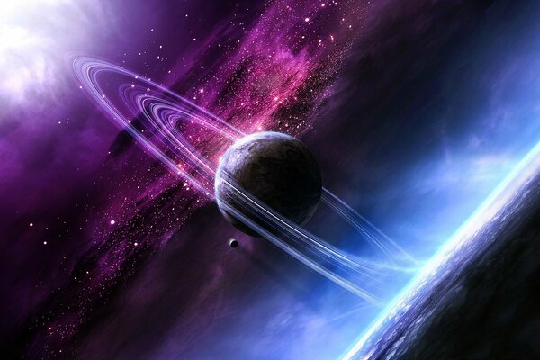 Сатурн с кольцами и спутники во вселенной галактика