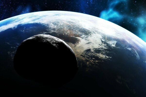 An asteroid above the surface of the earth