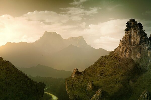 Mysterious mountains with a river flowing nearby