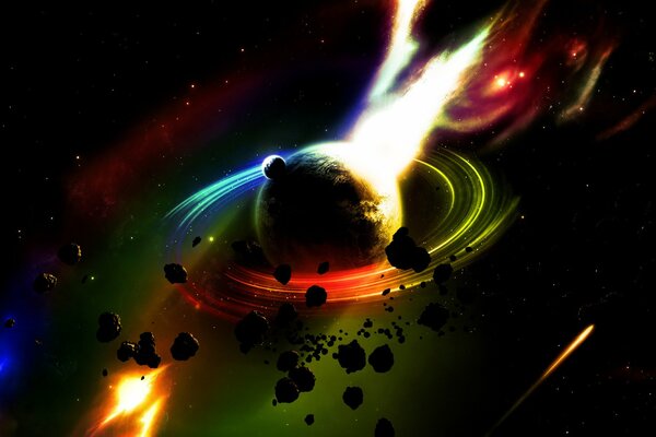 Imagen gráfica de Saturno con anillos de fuego entre meteoritos
