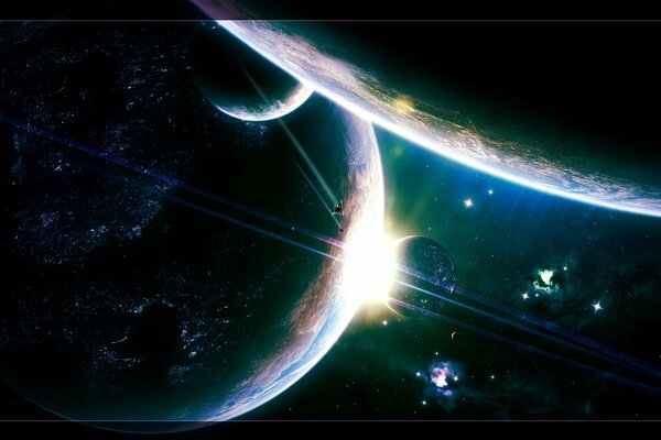 A picture of ships in space against the background of planets