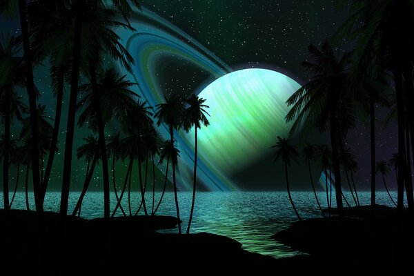 Nocne palmy na tle planety i kosmicznych pierścieni