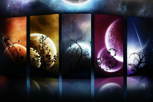 A collage of five planets. trees on the background of planets