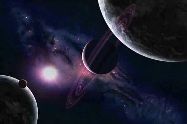 Planets and a satellite in space among the stars