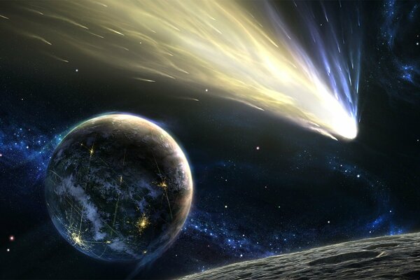 A falling asteroid in outer space