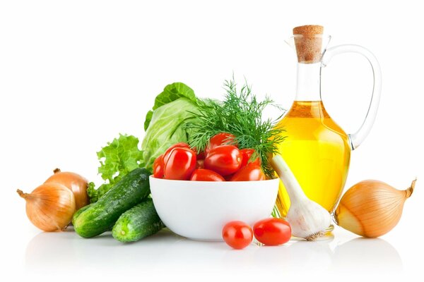 Vegetables with a bottle of vegetable oil