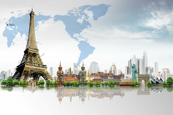 Lugares de interés del mundo. Torre Eiffel, estatua de la Libertad