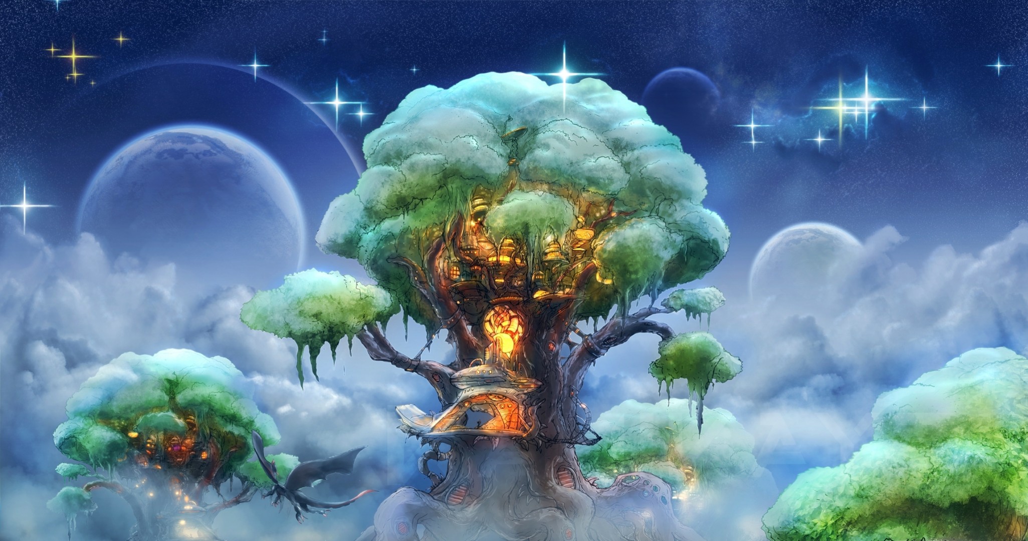 cielo planeta arte hogar estilo fantasía árbol kamikaye plano bosque elfo dragón nubes