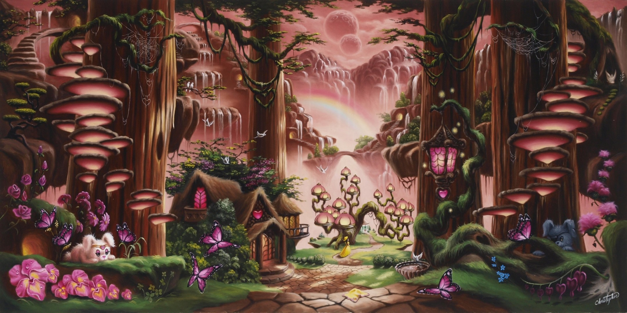 art mushrooms design forest flowers fantasy mountains path girl sunset trees palm trees fairy tale house rabbits lantern waterfall illumination butterflie