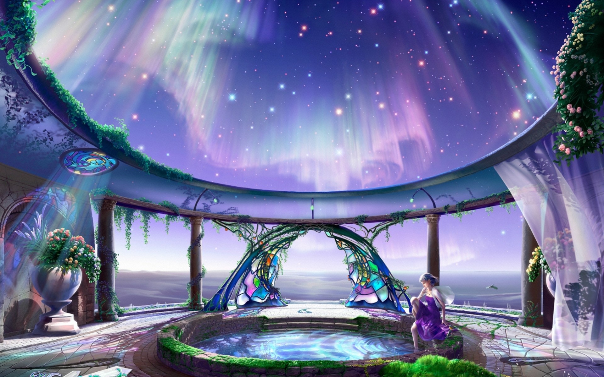 futuro flores fantasías yutaka kagaya sueños chica columnas arcos antes del amanecer princesa constelaciones aurora boreal puertas de ópalo oscuridad concepto