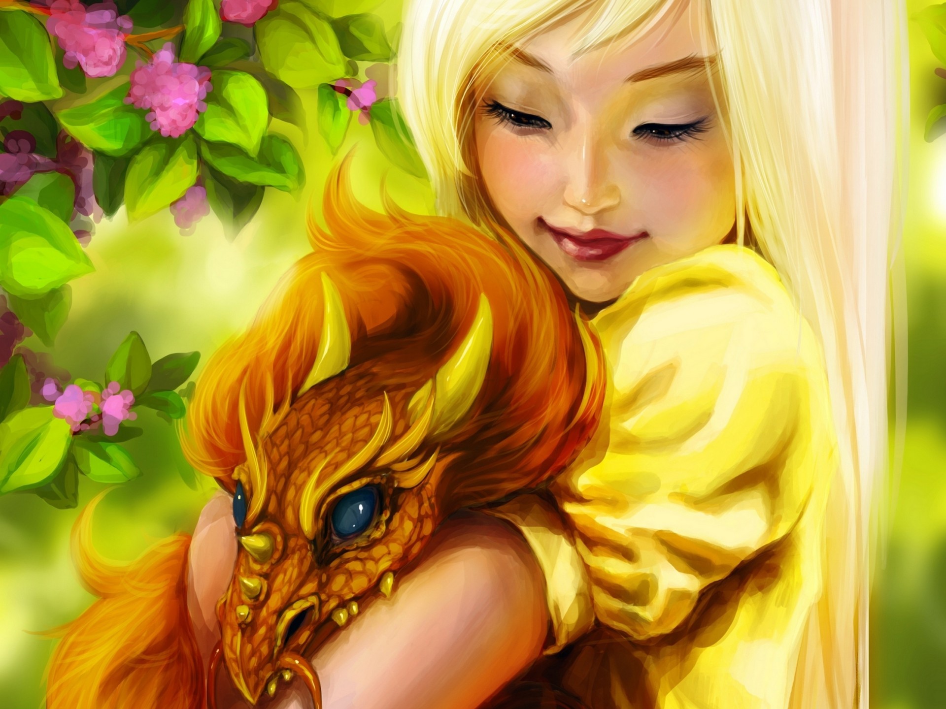 art girl dragon flower ink fantasy