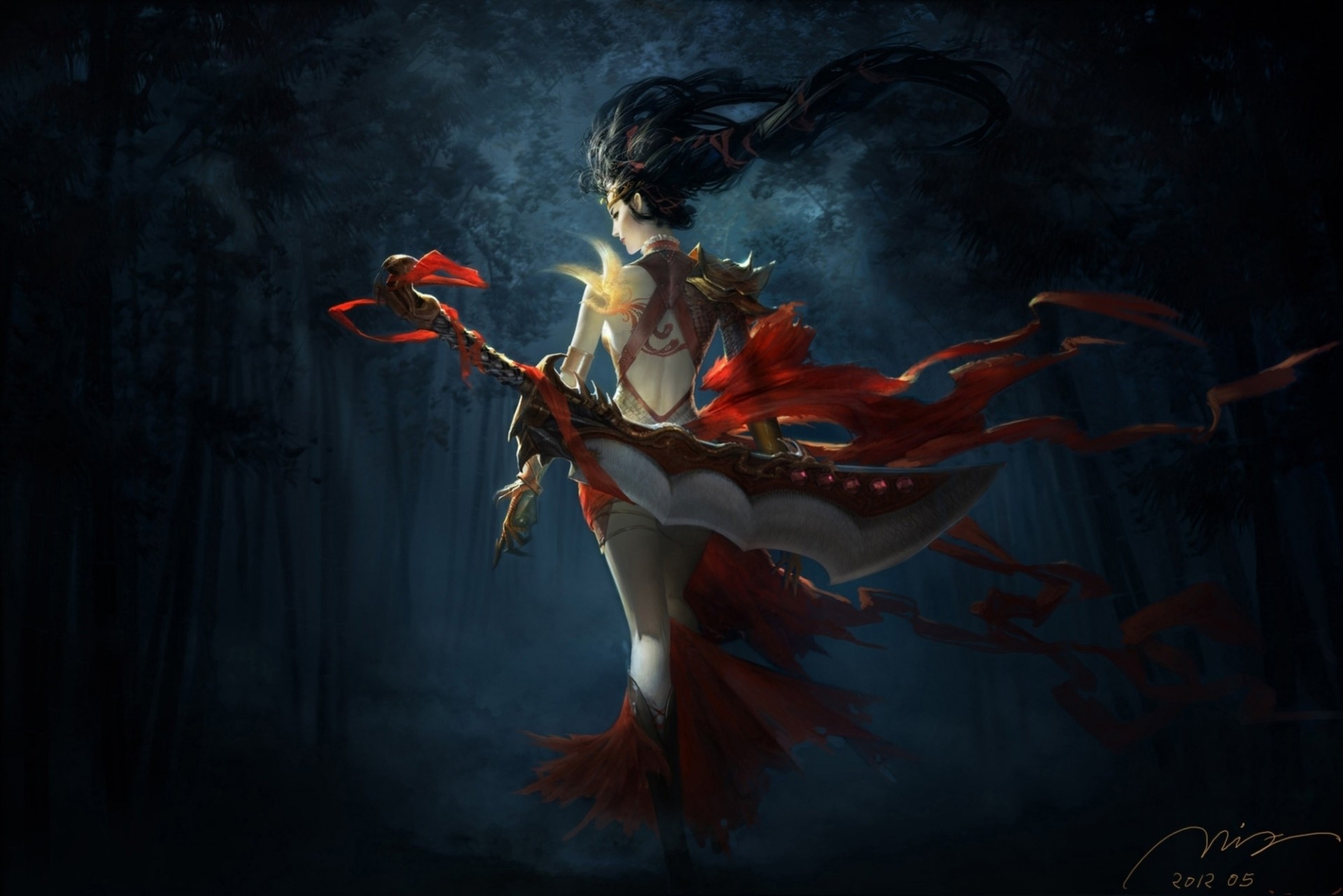 art dark girl ago birds forest sword tattoos bamboo belt weapon warrior night phoenix red