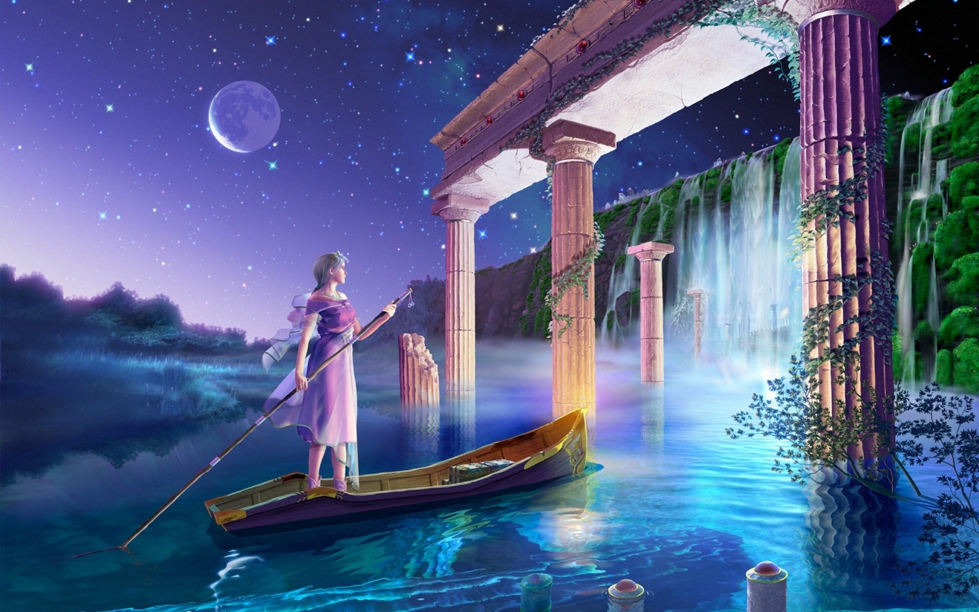 future reflections moon gate fantasy yutaka kagayya sci-fi girl town column before dawn princess concept wave arch water return of the princess s palace sunrise earth waterfall fiction boat river