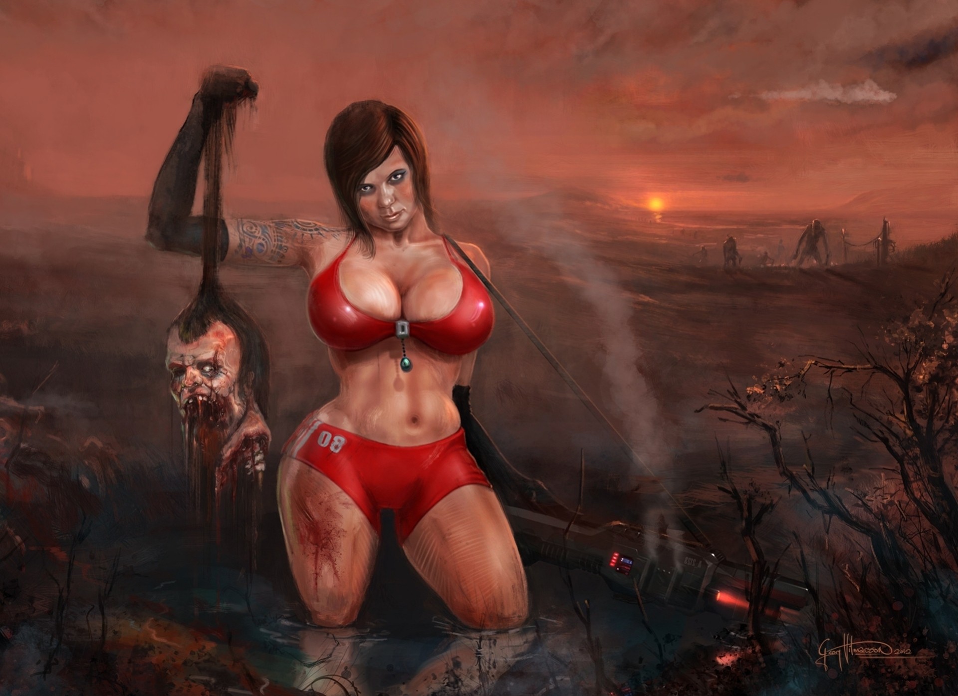 waffe mädchen bombe sonnenuntergang zombie tattoo bikini blut kopf