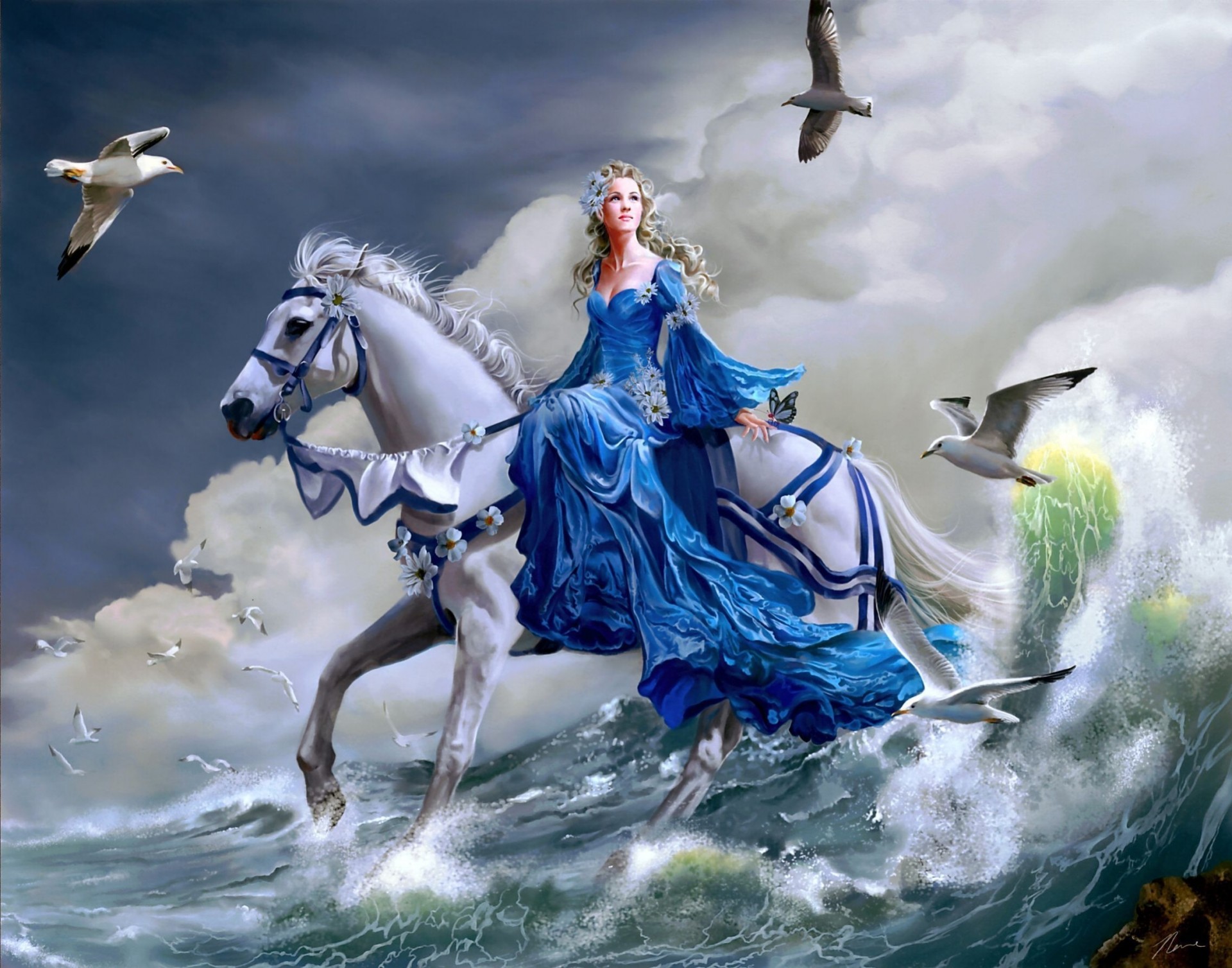 art fille mer vague cheval mouettes