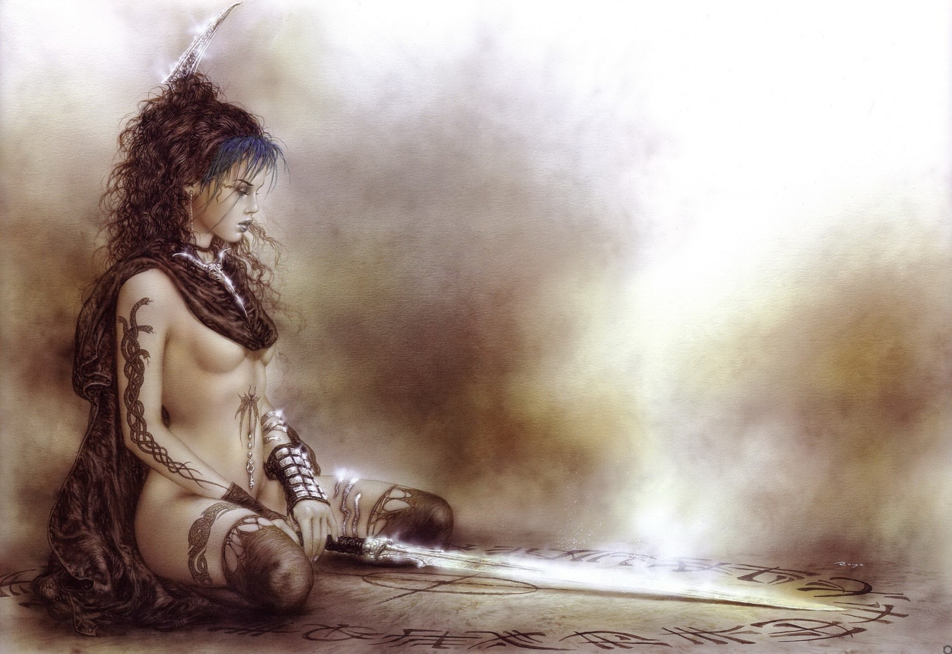 girl luis royo aventador sword tattoos naked snakes ritual shine indices piercing bang