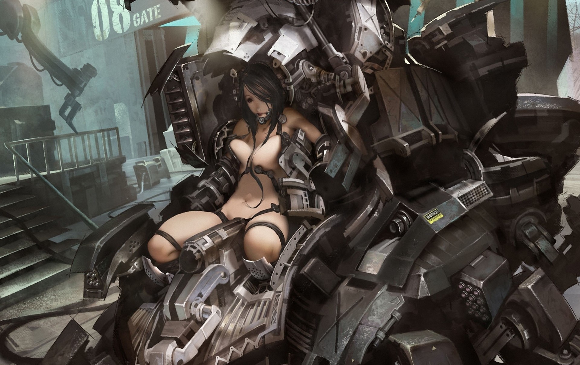 Голая девушка с роботом из металла - обои на рабочий стол
