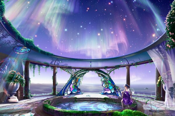 The princess sitting in the fountain in front of the opal gates at the dawn of the northern lights