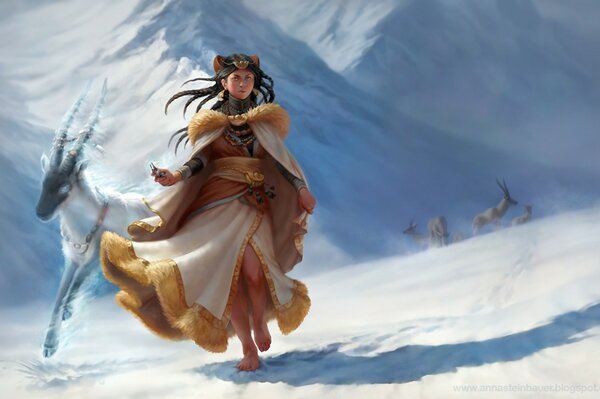 Kunst Kunst, ein Mädchen barfuß um den Schnee und die Berge, die sie von der Ziege depingo herausgefordert wird, seine Hörner sind wie elektrische Tiere im Hintergrund