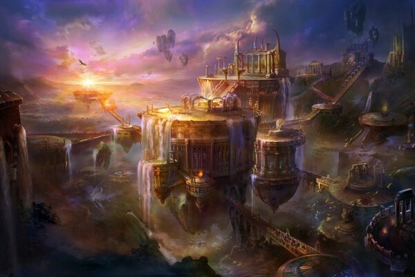 Art fantasy waterfalls in ruins