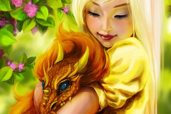 Cartoon girl with a dragon in her hands