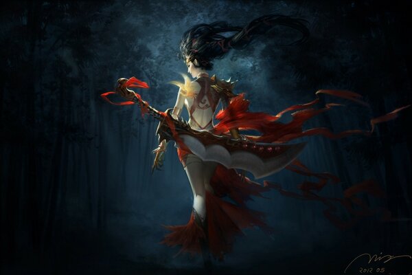 A warrior girl with a sword in the forest