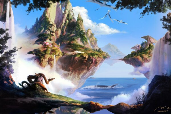 Fantastic art with an imaginary world. Flying Islands