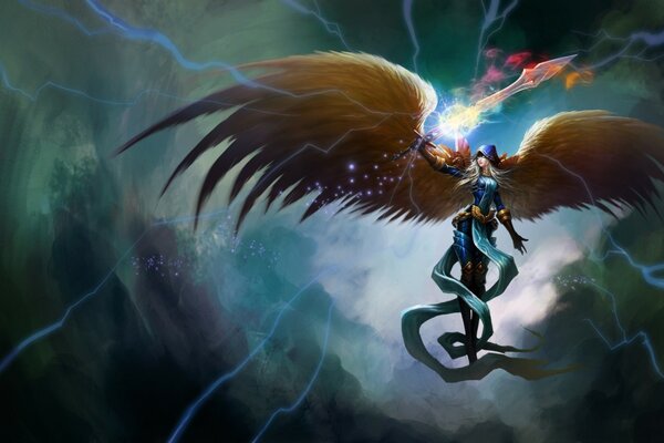 Chica ángel bajo la magia de la espada de League of Legends
