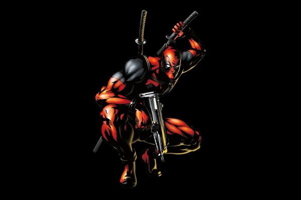 Marvel-Comic-Superheld Deadpool er ist ein Ninja auf einem schwarzen Hintergrund, auf der Rückseite eine Waffe, er ist eine fliegende Festung