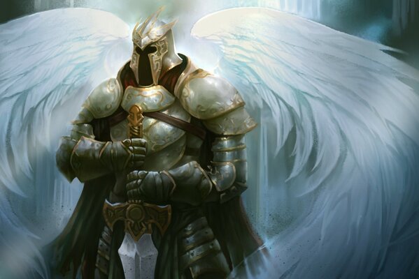 Art art, an angel holding a sword on it armor and helmet, wings without armor