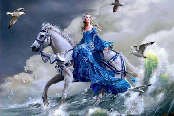 Mädchen auf einem Pferd in den Wellen des Meeres und Möwen fliegen herum