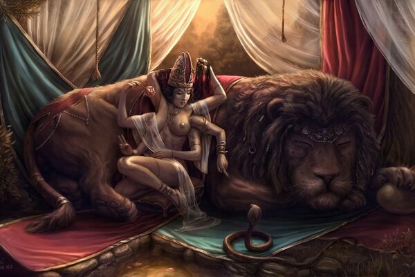 Dessin d une déesse avec un grand Lion