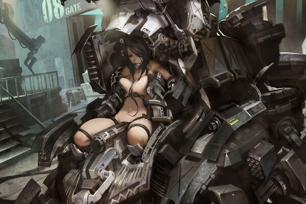 Chica desnuda con un robot de metal