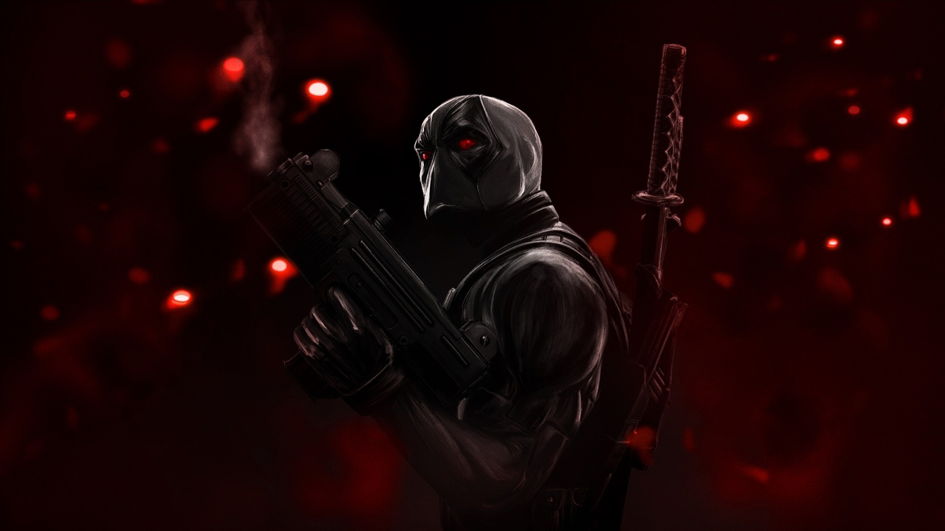 deadpool weapon red eyes reflections red background mask katana