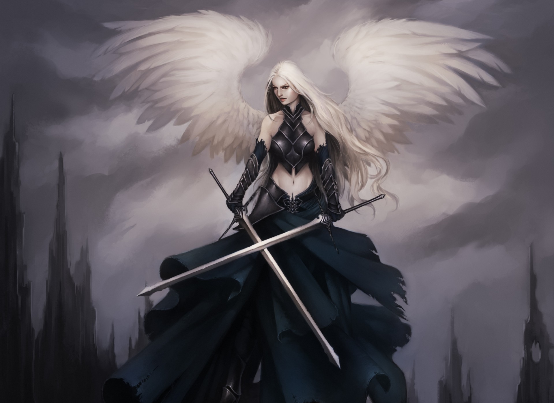 art arme fille ange épée plumes armure ailes roches