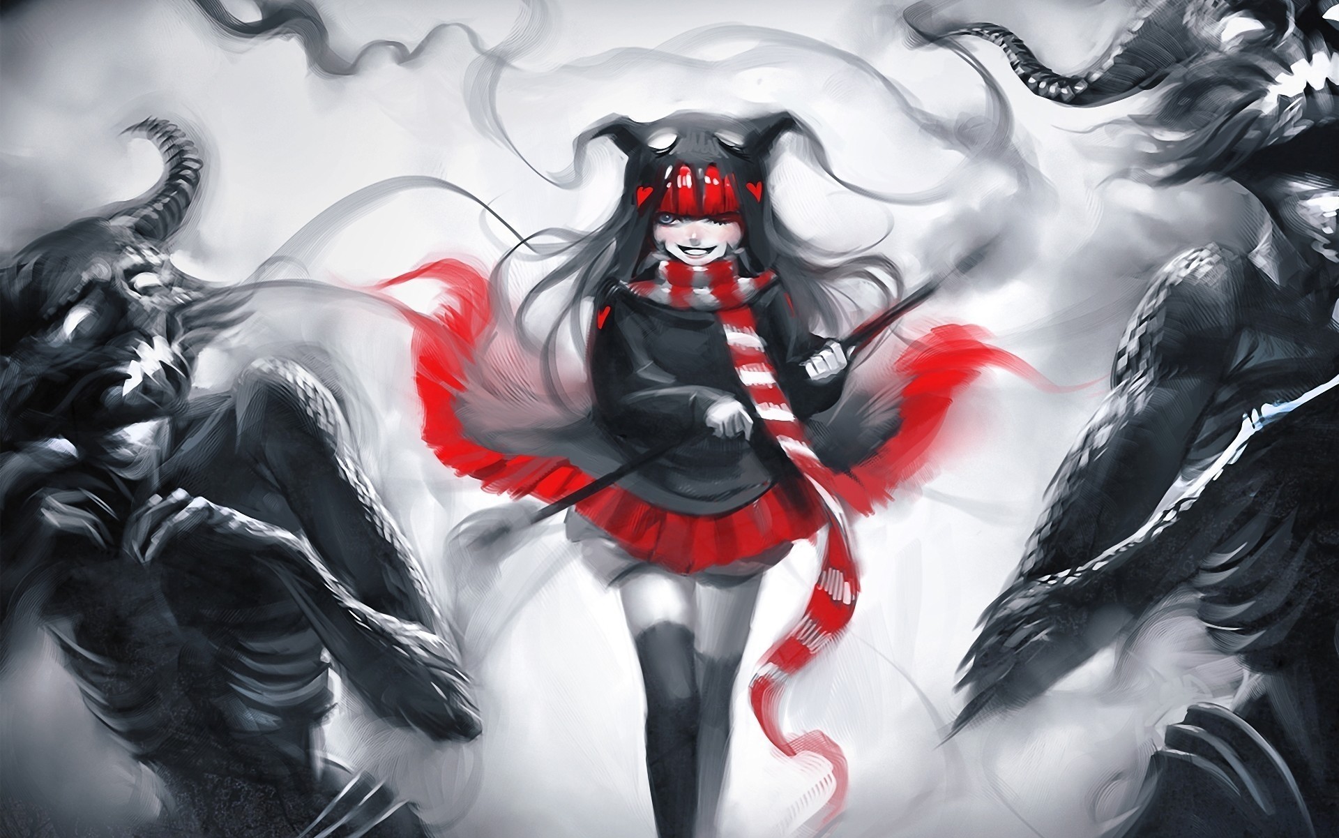 art fille morts-vivants sakimichan cornes rouge monstres coeurs noir et blanc