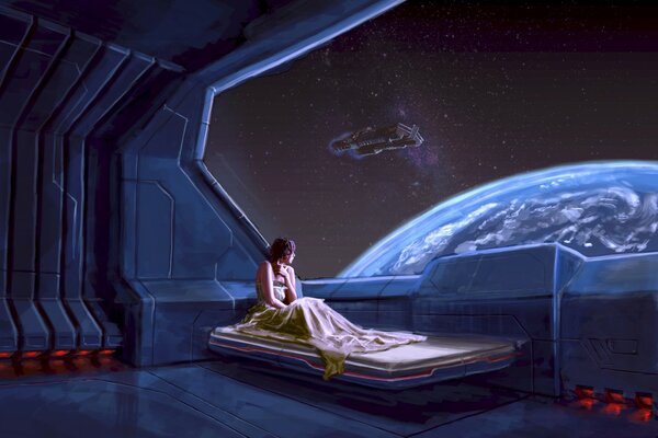 Девушка на коспическом корабле с видом на землю
