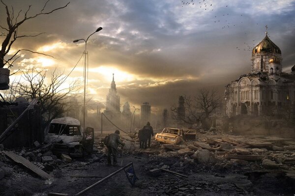 Image de Moscou en ruines et les oiseaux s envolent