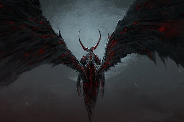 A demon with wings and horns on the background of the moon