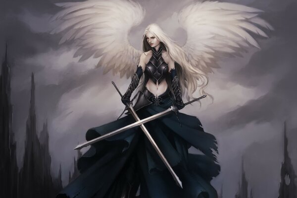 Dziewczyna anioł z mieczami w ręku