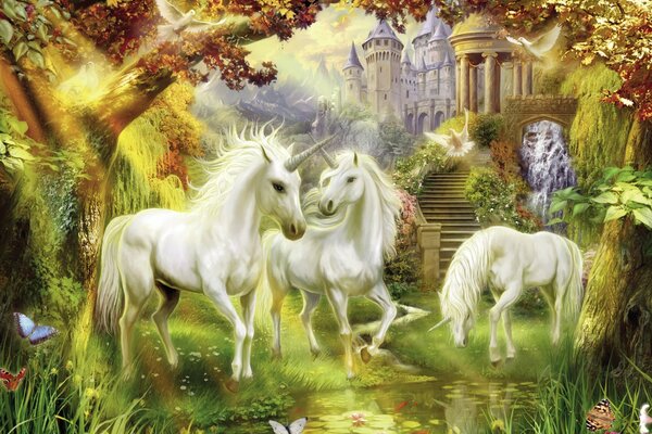 Fantasía. Dibujo de tres unicornios en un claro mágico