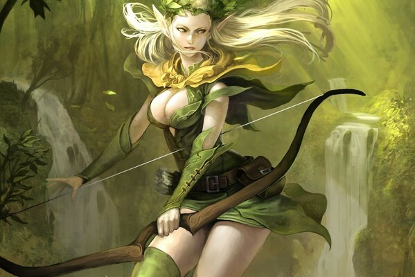 Elf archer girl in the forest with a bow