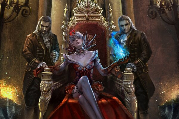 A vampire sorceress in a red dress sits on a throne surrounded by two men