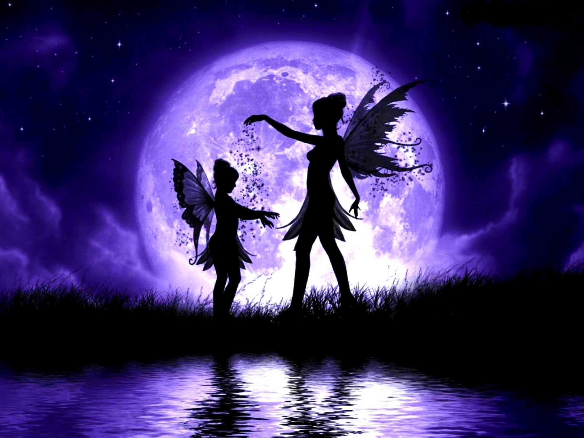 girl clouds lake grass fairies water sky child night wings moon