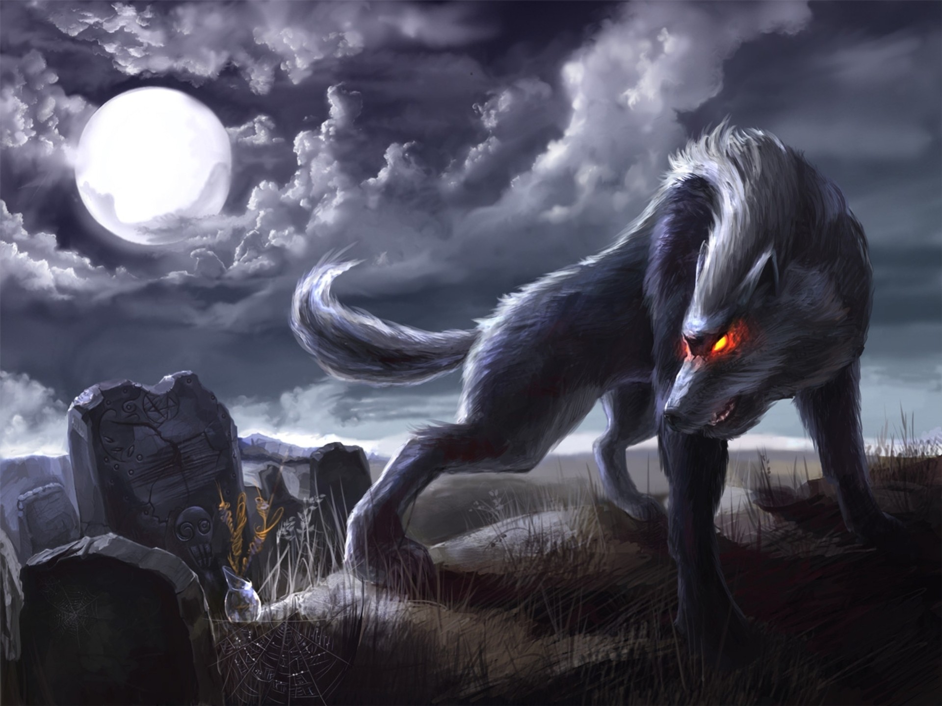 night burning eyes wolf tombstone moon web