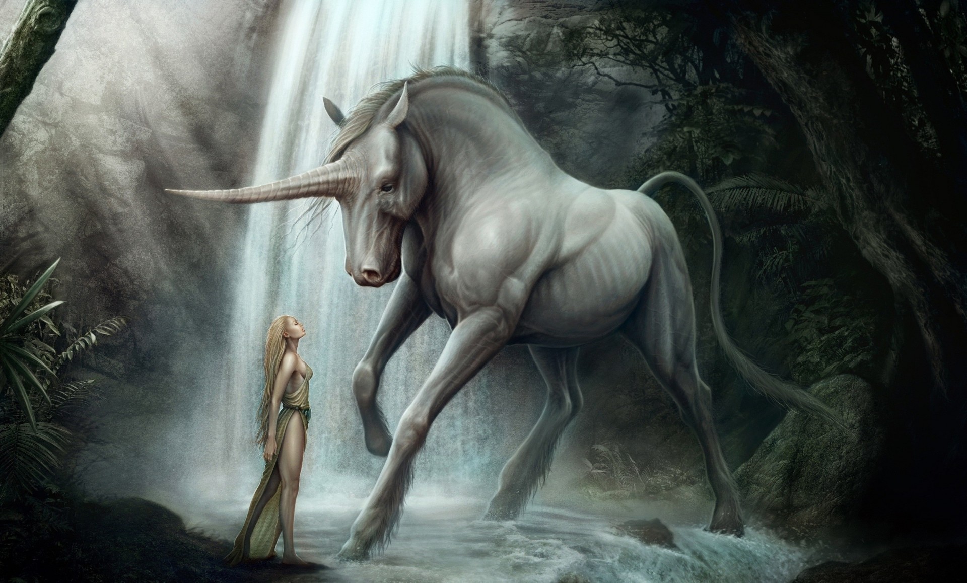 art girl waterfall forest horse unicorn horn kenbarthelmey