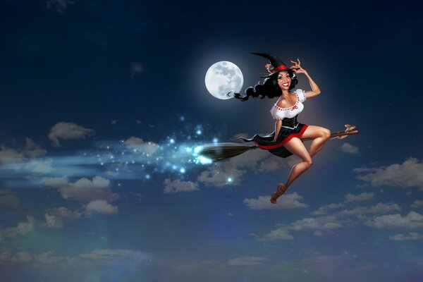 Une sorcière peinte vole sur un balai sur le fond de la lune